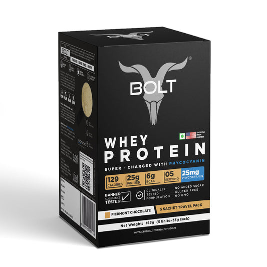 Bolt whey protein sachets pack of 5 with piedmont chocolate flavour