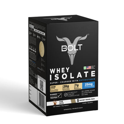 Bolt Whey Isolate Protein 5 Sachet Travel (5x33g) | With Superfood PHYCOCYANIN | USA Formulation & Origin-Dietary Supplements-Bolt Nutrition India-Bolt Nutrition, Cafe Latte