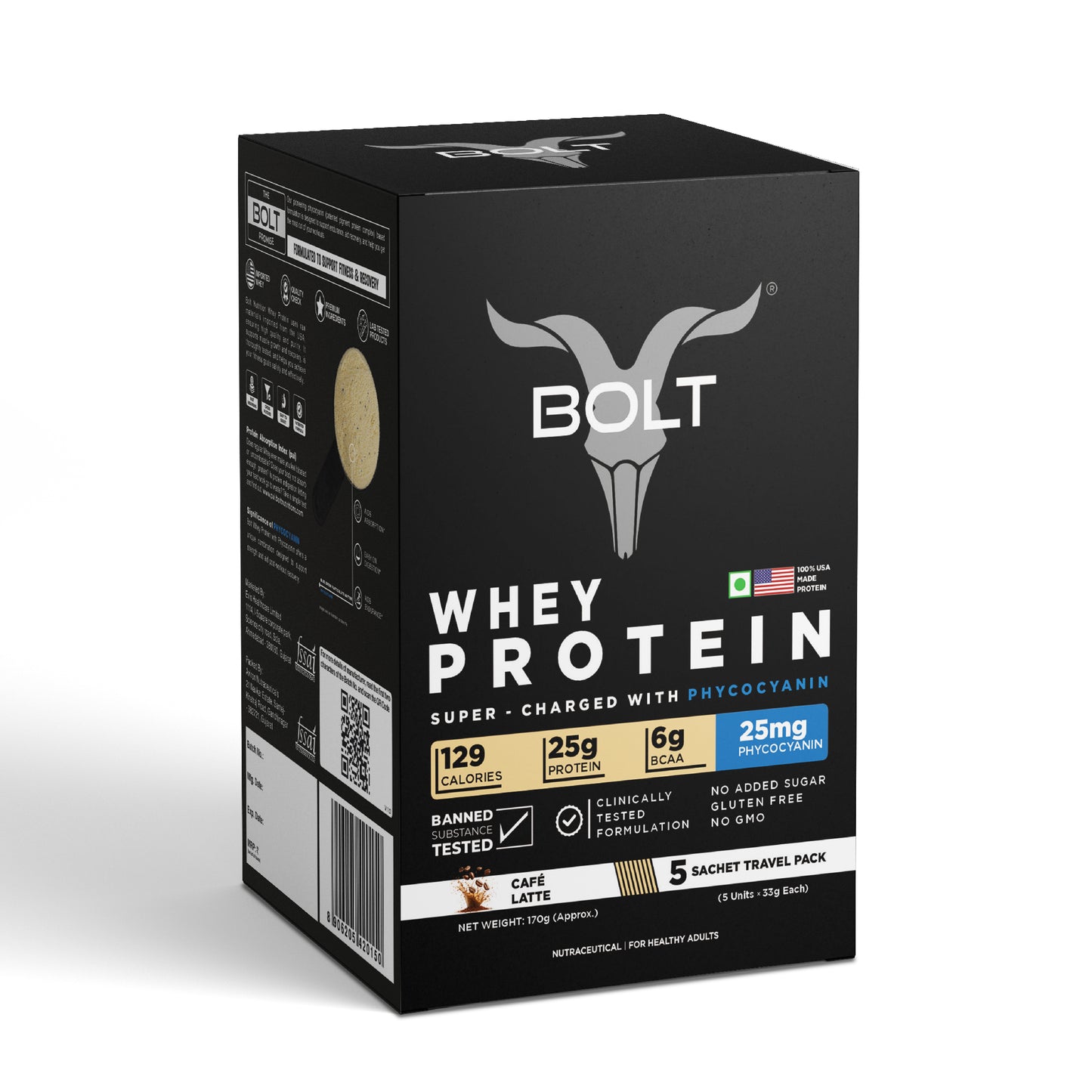 Cafe Latte_Box of Bolt whey protein on a white background