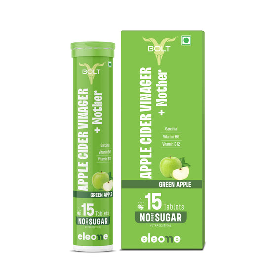 Green apple_Green packaging of Apple Cider Vinegar + Mother tablets with 'Bolt' branding on a white background.