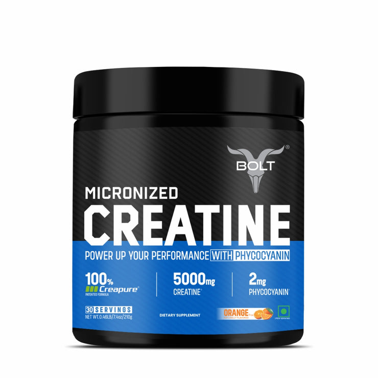 Bolt Micronised Creatine with CREAPURE® | With Phycocyanine | For Muscle Size, Strength, Endurance | CREAPURE® Seal for Purity |Formulated In USA