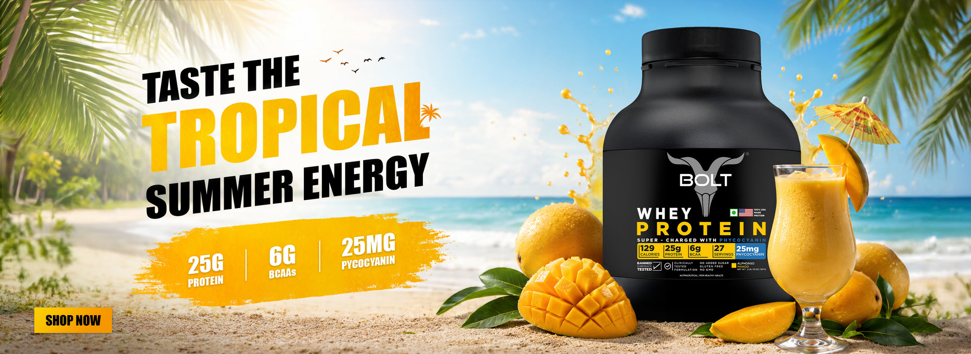 Bolt Whey Protein supplement with alphonso mango flavour