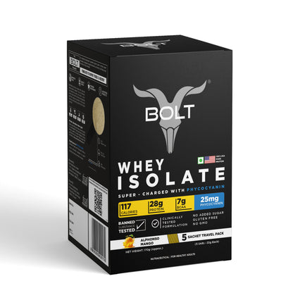 Bolt Whey Isolate Protein 5 Sachet Travel (5x33g) | With Superfood PHYCOCYANIN | USA Formulation & Origin-Dietary Supplements-Bolt Nutrition India-Bolt Nutrition, Alphonso Mango