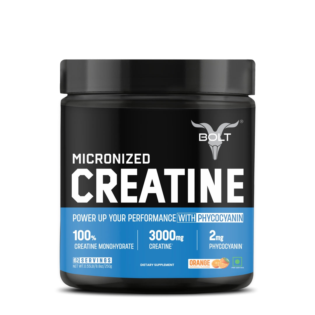 orange micronized creatine with Bolt branding on a white background
