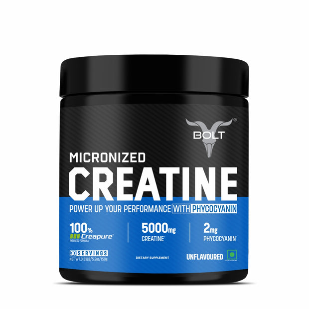 Bolt Micronised Creatine with CREAPURE® | With Phycocyanine | For Muscle Size, Strength, Endurance | CREAPURE® Seal for Purity |Formulated In USA