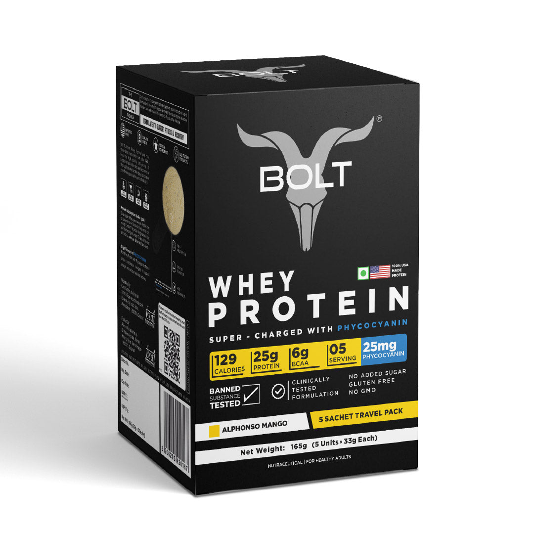 Alphonso Mango_Box of Bolt whey protein on a white background