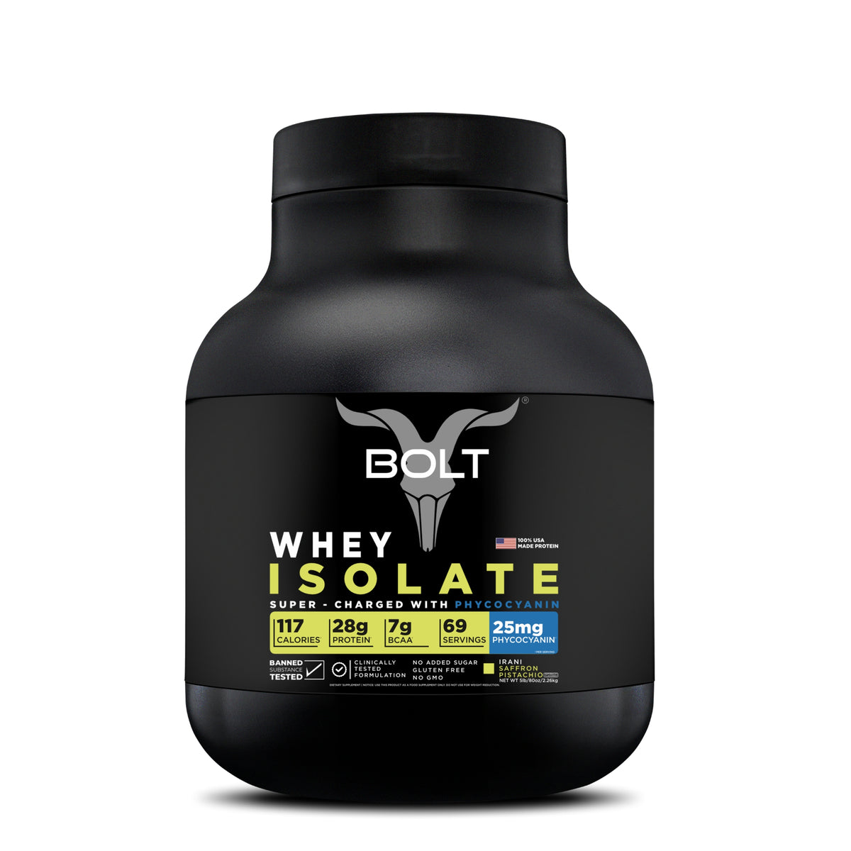 Bolt Whey Isolate Protein Powder | 5LB, 69 Servings | With Superfood PHYCOCYANIN | USA Formulation & Origin
