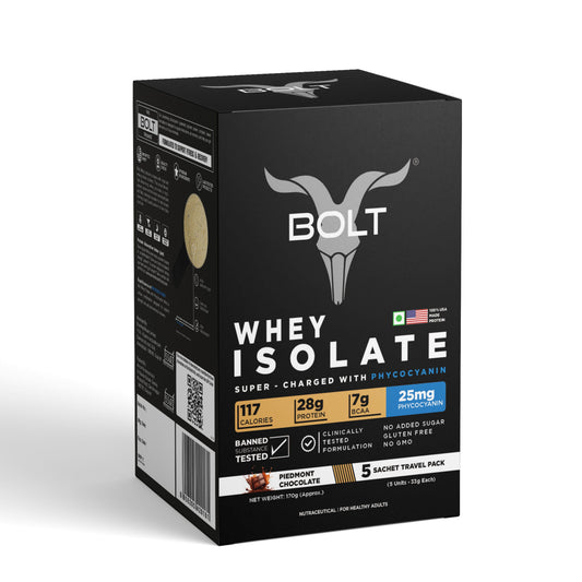 Bolt whey isolate protein sachets pack of 5 with piedmont chocolate flavour