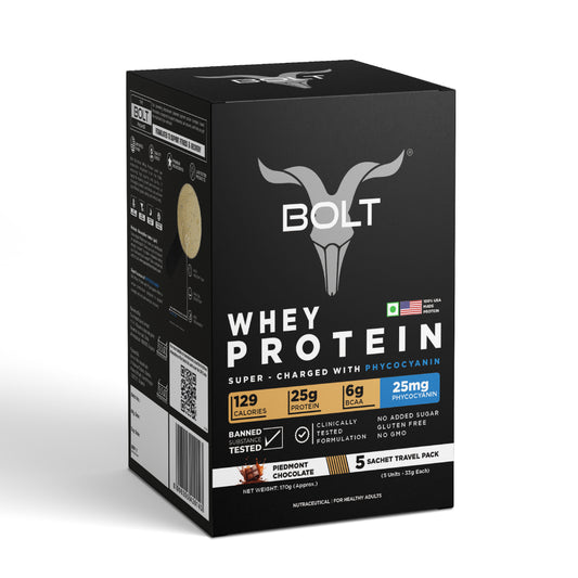 Bolt whey protein sachets pack of 5 with piedmont chocolate flavour
