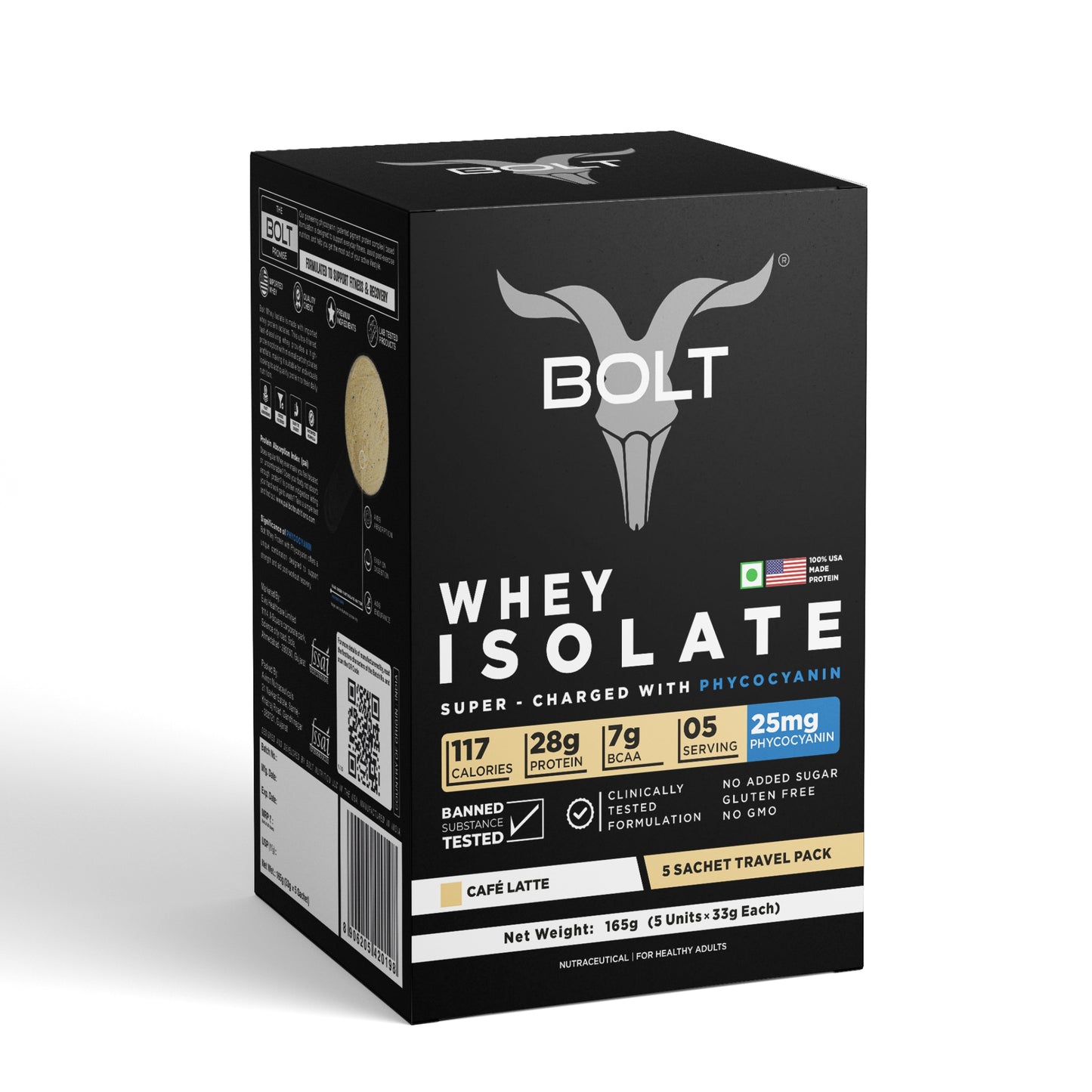 Bolt Whey Isolate Protein 5 Sachet Travel (5x33g) | With Superfood PHYCOCYANIN | USA Formulation & Origin-Dietary Supplements-Bolt Nutrition India-Bolt Nutrition, Cafe Latte