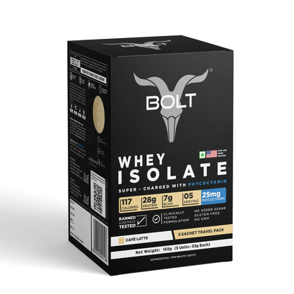 Bolt Whey Isolate Protein 5 Sachet Travel (5x33g) | With Superfood PHYCOCYANIN | USA Formulation & Origin-Dietary Supplements-Bolt Nutrition India-Bolt Nutrition, Cafe Latte