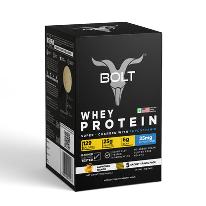 Alphonso Mango_Box of Bolt whey protein on a white background