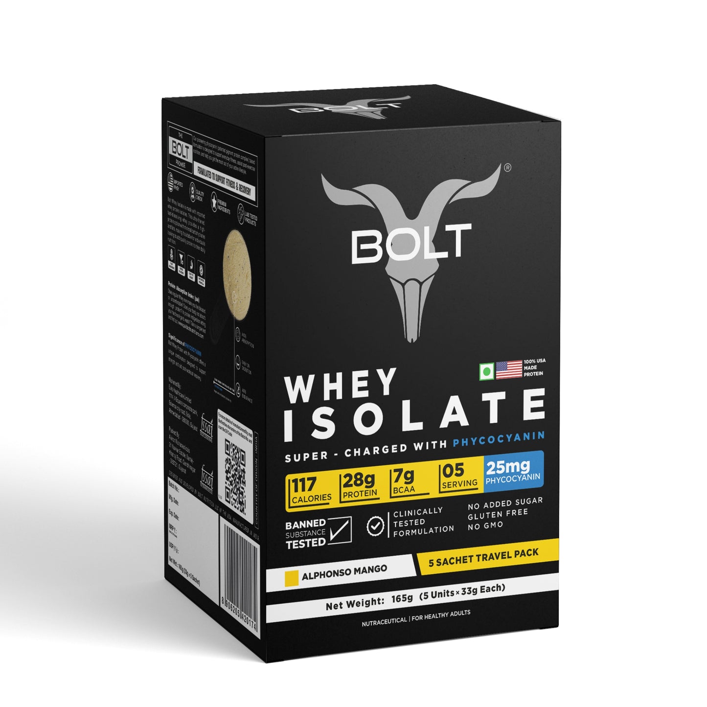 Bolt Whey Isolate Protein 5 Sachet Travel (5x33g) | With Superfood PHYCOCYANIN | USA Formulation & Origin-Dietary Supplements-Bolt Nutrition India-Bolt Nutrition, Alphonso Mango