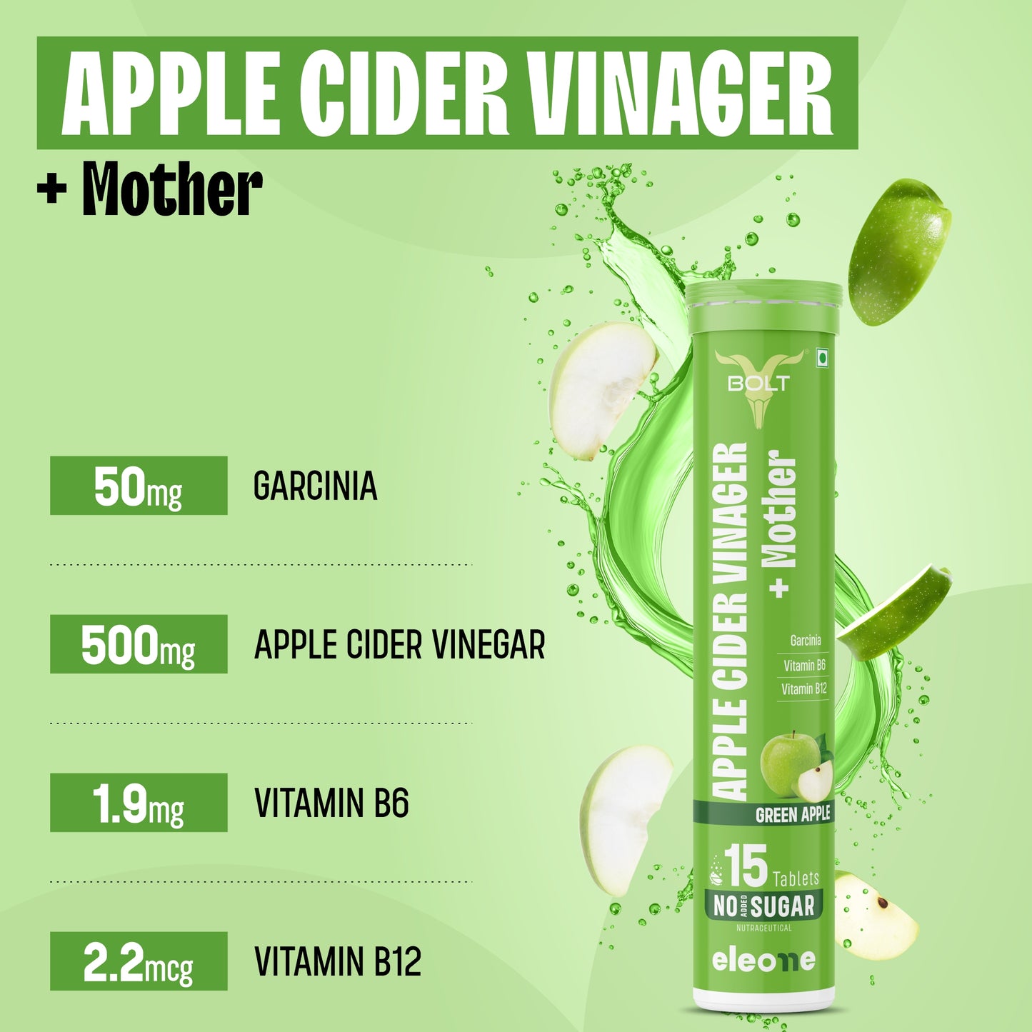 Green apple_Bolt X eleone Apple Cider Vinegar + Mother supplement bottle with green background and product details.