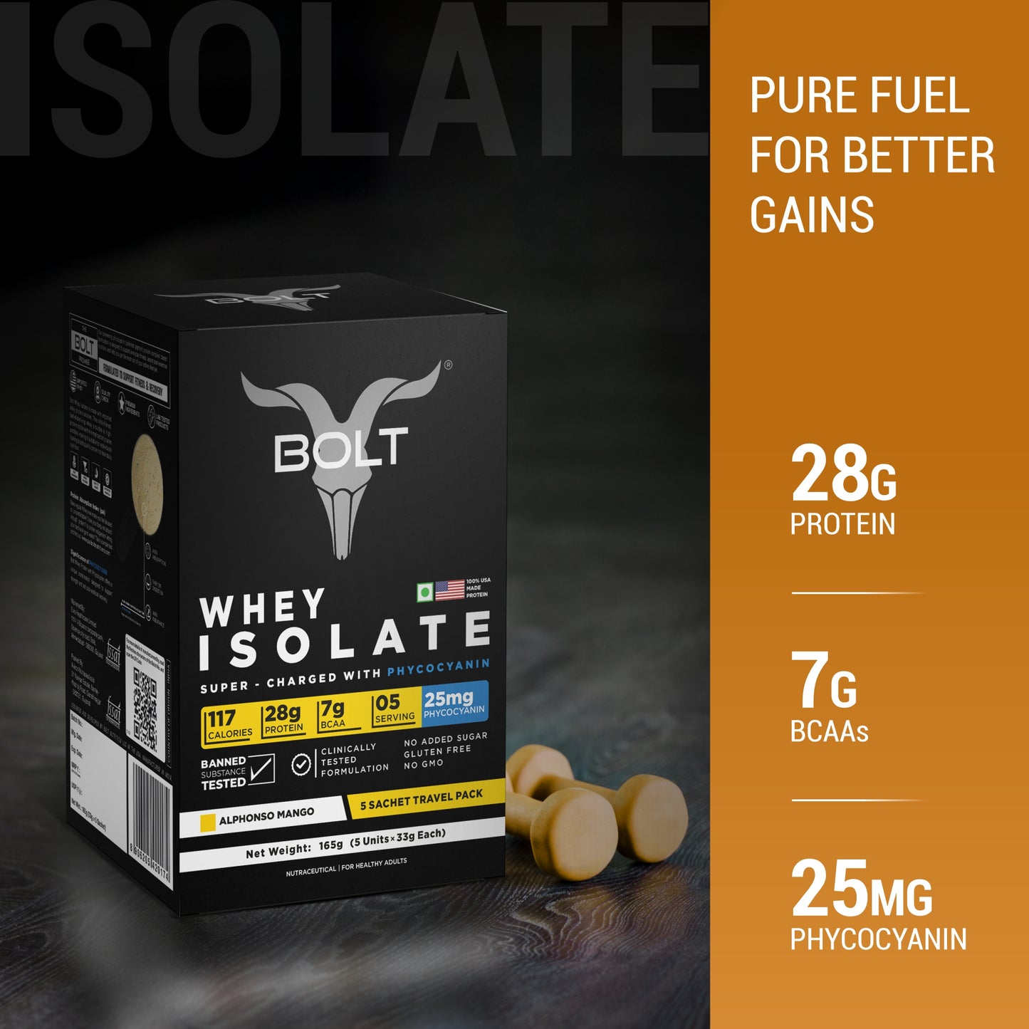 Bolt Whey Isolate Protein 5 Sachet Travel (5x33g) | With Superfood PHYCOCYANIN | USA Formulation & Origin-Dietary Supplements-Bolt Nutrition India-Bolt Nutrition, Alphonso Mango