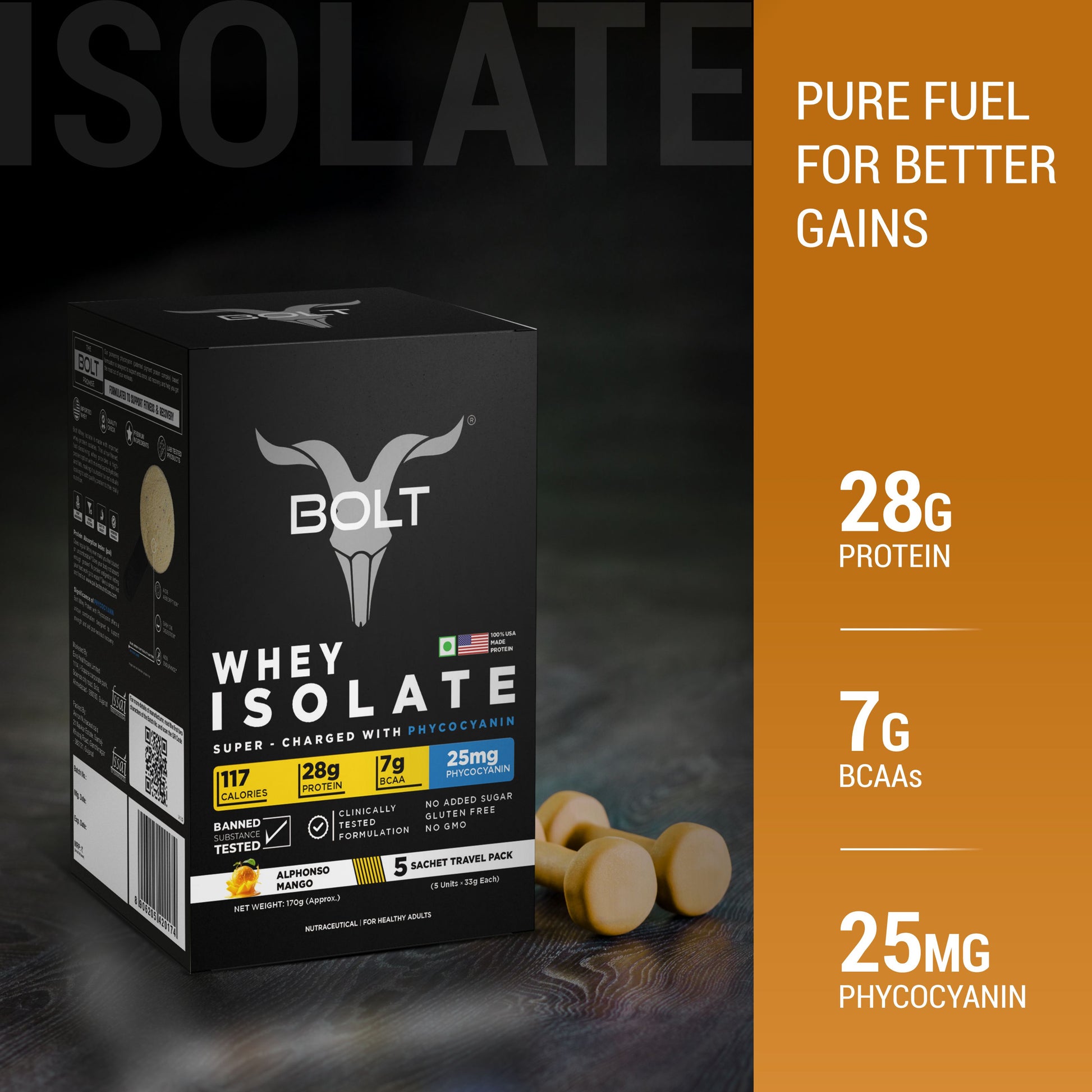 Bolt Whey Isolate Protein 5 Sachet Travel (5x33g) | With Superfood PHYCOCYANIN | USA Formulation & Origin-Dietary Supplements-Bolt Nutrition India-Bolt Nutrition, Alphonso Mango