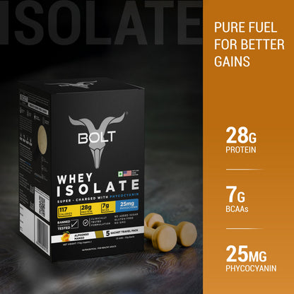 Bolt Whey Isolate Protein 5 Sachet Travel (5x33g) | With Superfood PHYCOCYANIN | USA Formulation & Origin-Dietary Supplements-Bolt Nutrition India-Bolt Nutrition, Alphonso Mango