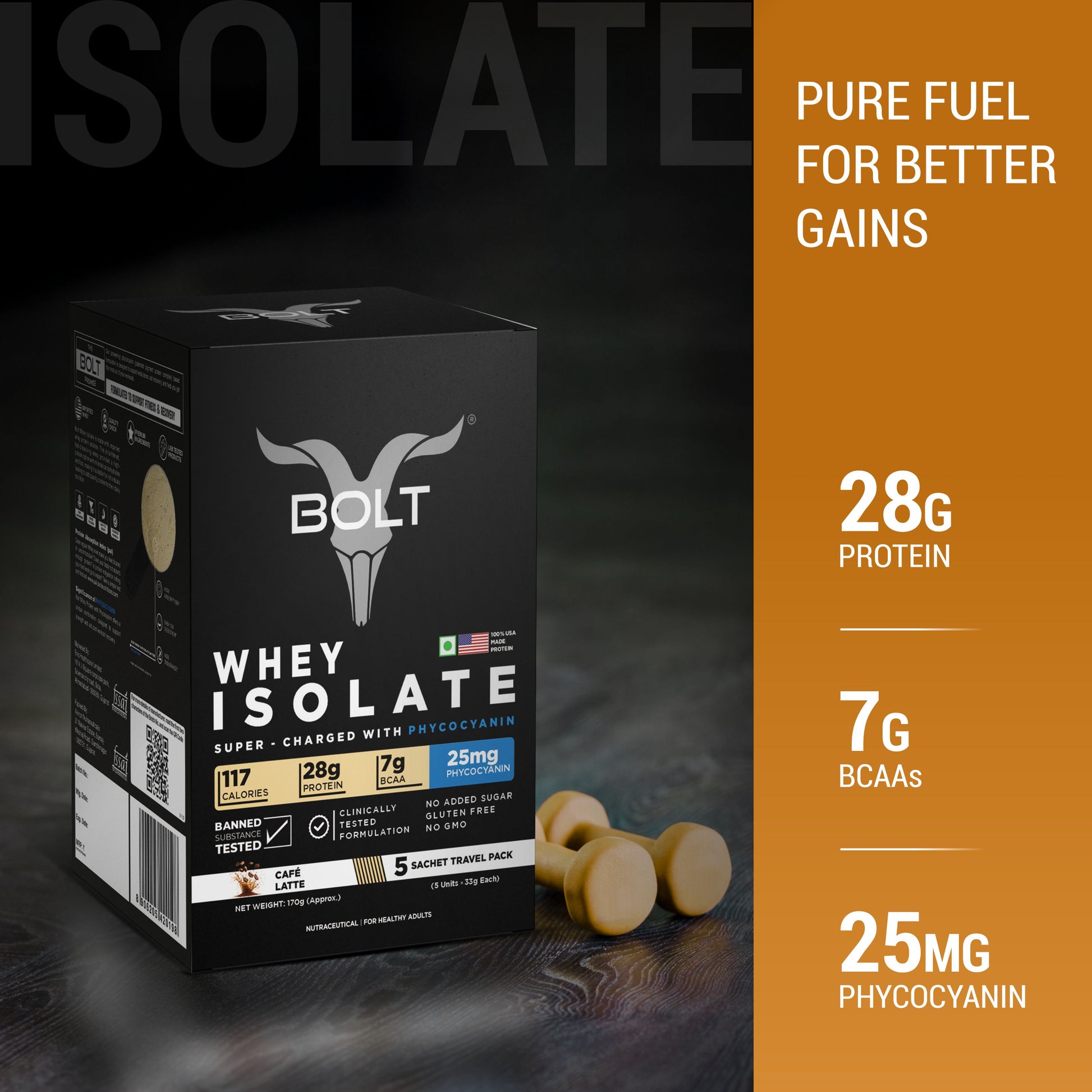 Bolt Whey Isolate Protein 5 Sachet Travel (5x33g) | With Superfood PHYCOCYANIN | USA Formulation & Origin-Dietary Supplements-Bolt Nutrition India-Bolt Nutrition, Cafe Latte