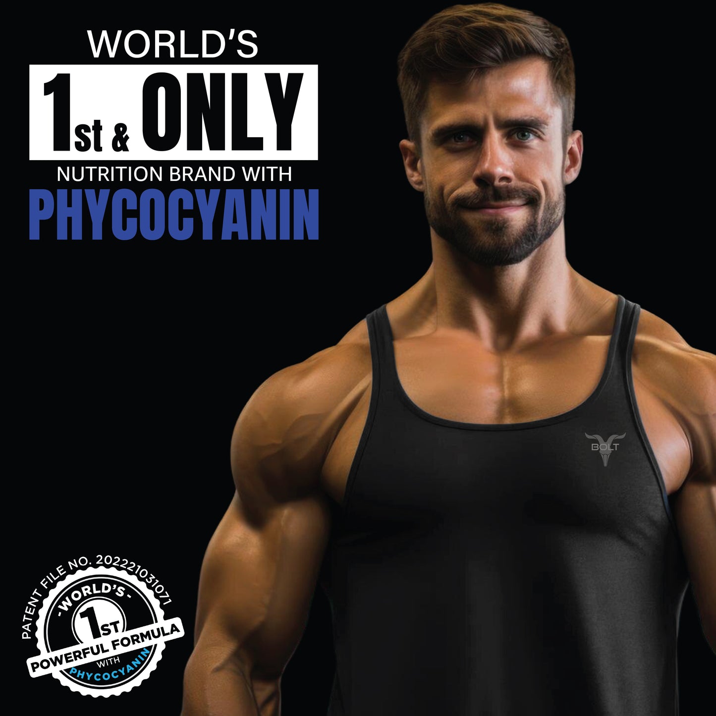 Cafe latte_Man in a black tank top with promotional text about a nutrition brand on a black background