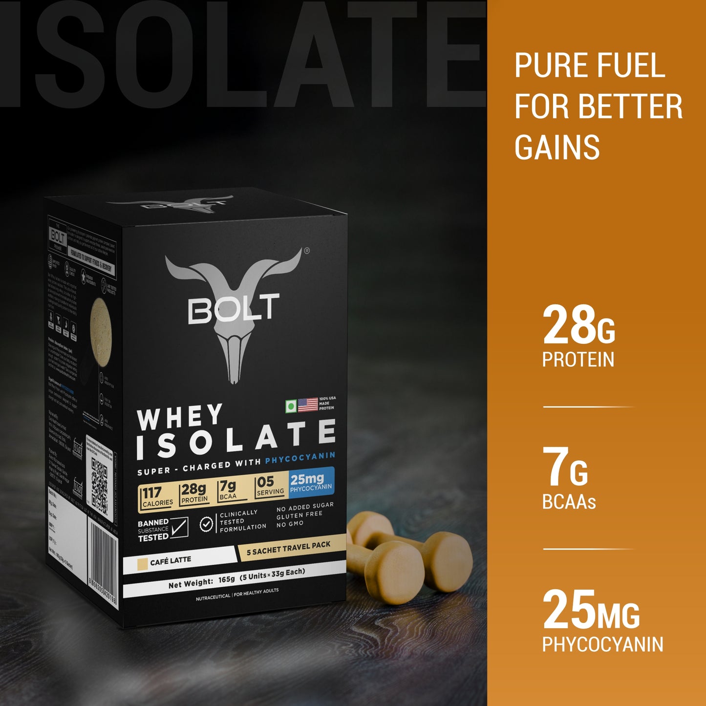 Bolt Whey Isolate Protein 5 Sachet Travel (5x33g) | With Superfood PHYCOCYANIN | USA Formulation & Origin-Dietary Supplements-Bolt Nutrition India-Bolt Nutrition, Cafe Latte