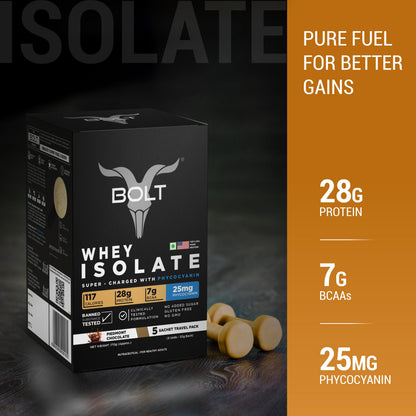 Bolt Travel friendly Whey Isolate Protein 5 Sachet With Superfood PHYCOCYANIN, Piedmont Chocolate