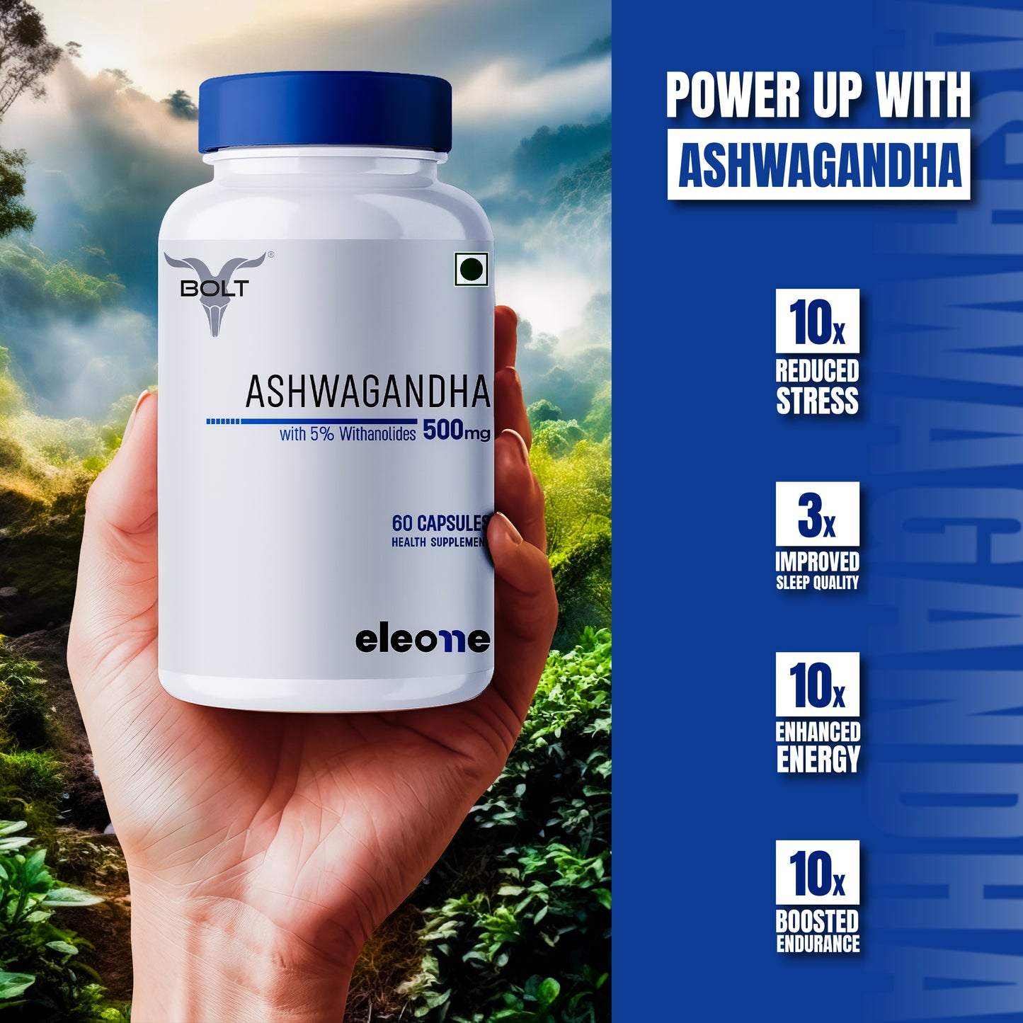 eleone by Bolt Ashwagandha (30 Veg Capsules) | standardized to 5% Withanolides | Support strength & energy