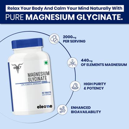 eleone by Bolt Magnesium Glycinate 2000mg (440mg Elemental Magnesium) | For Men & Women | 60 Tablets | High Absorption | Supports Relaxation, Bone, Muscle & Sleep Health