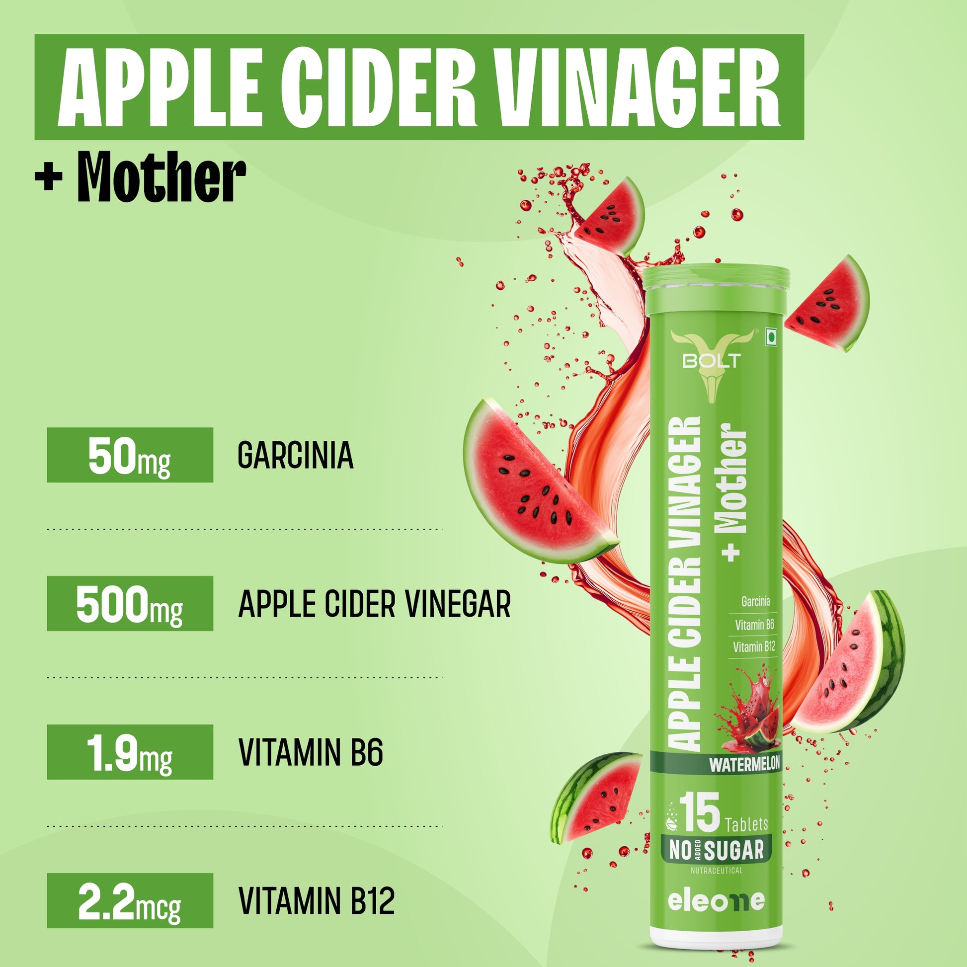 watermelon Green supplement tube labeled 'Apple Cider Vinager + Mother' with watermelon slices on a green background