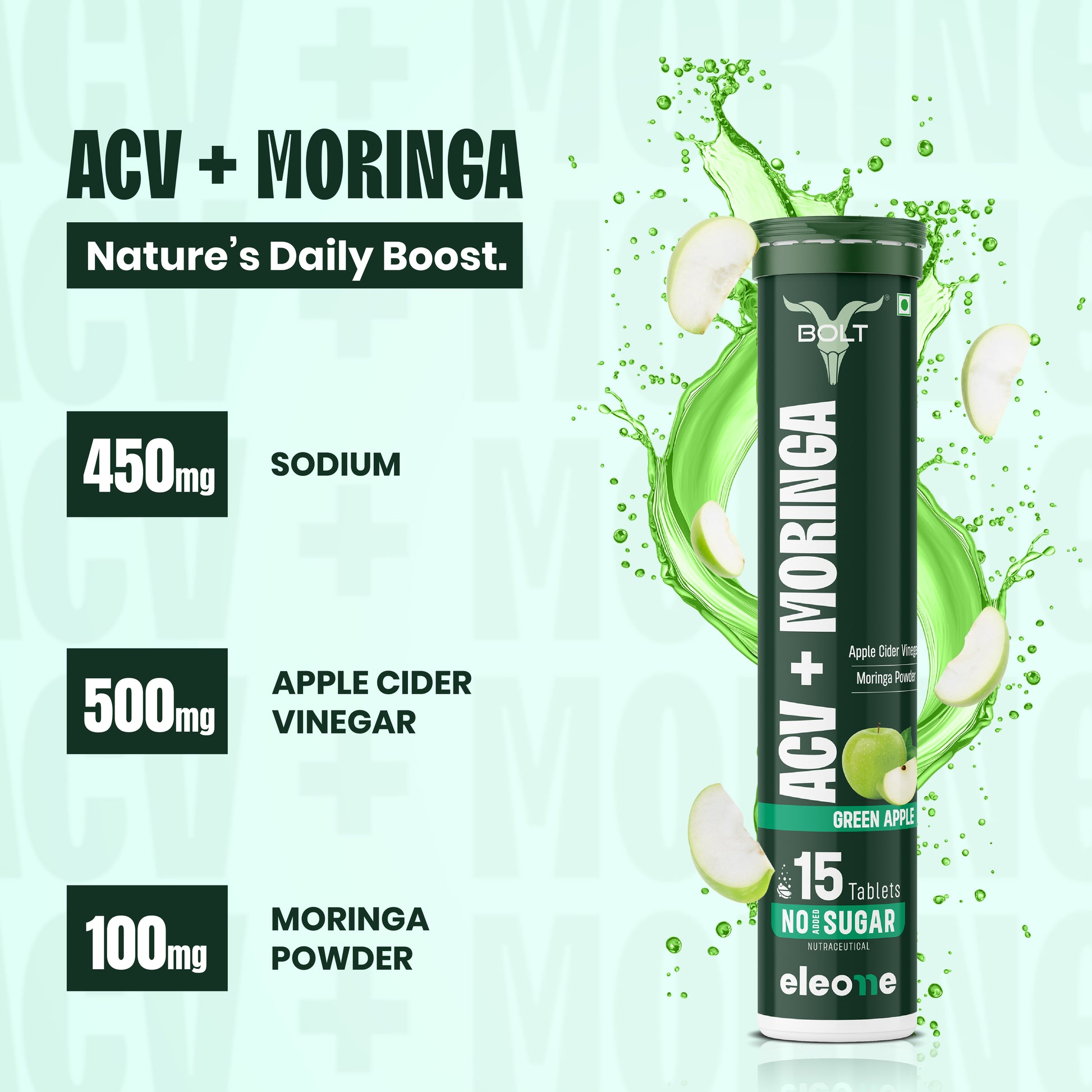Green apple Bolt by eleone ACV + Moringa supplement with nutritional information on a light green background