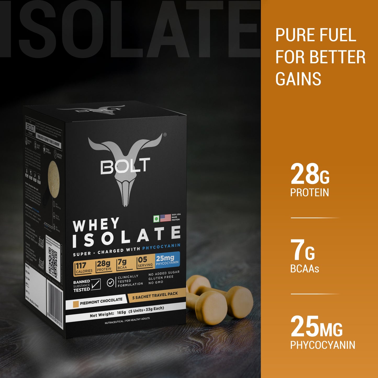 Bolt Travel friendly Whey Isolate Protein 5 Sachet With Superfood PHYCOCYANIN, Piedmont Chocolate