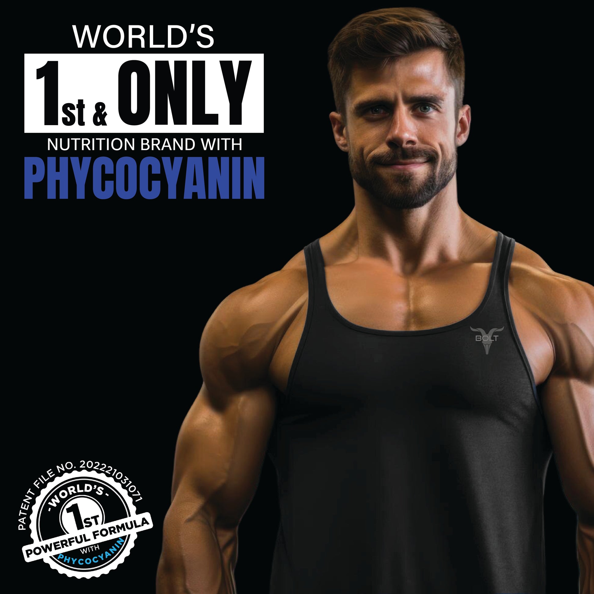 swiss chocolate_Man in a black tank top with text about a nutrition brand featuring phycocyanin on a black background