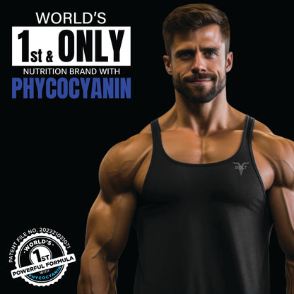 swiss chocolate_Man in a black tank top with text about a nutrition brand featuring phycocyanin on a black background