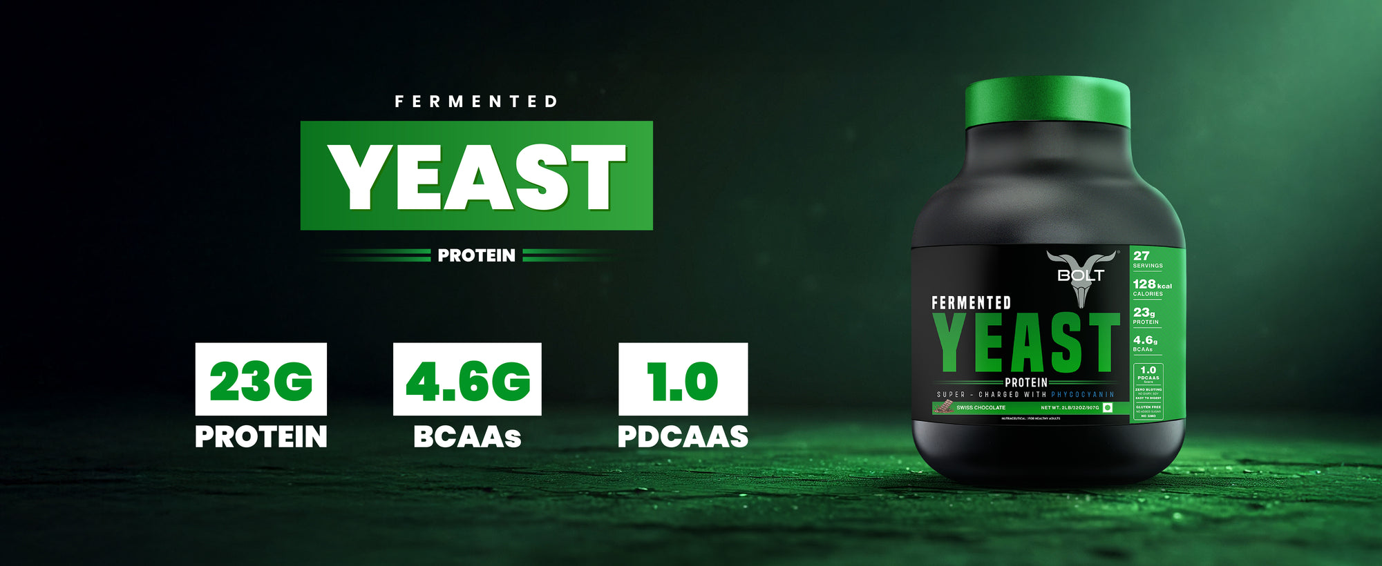 bolt fermented yeast protein with 23g protein and 4.6g bcaas