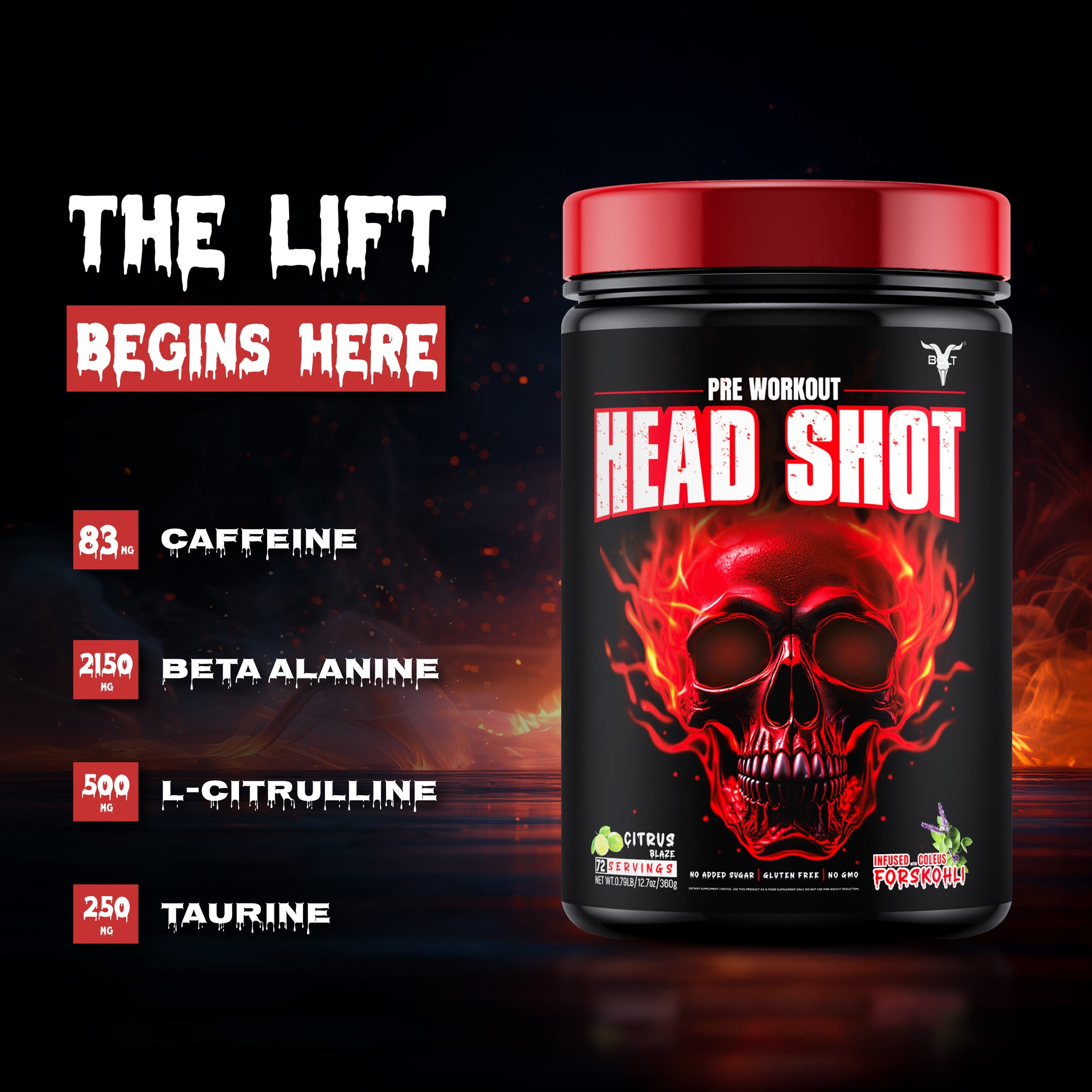 Citrus Blaze, head shot  Pre-workout supplement container with skull design and text on a dark background