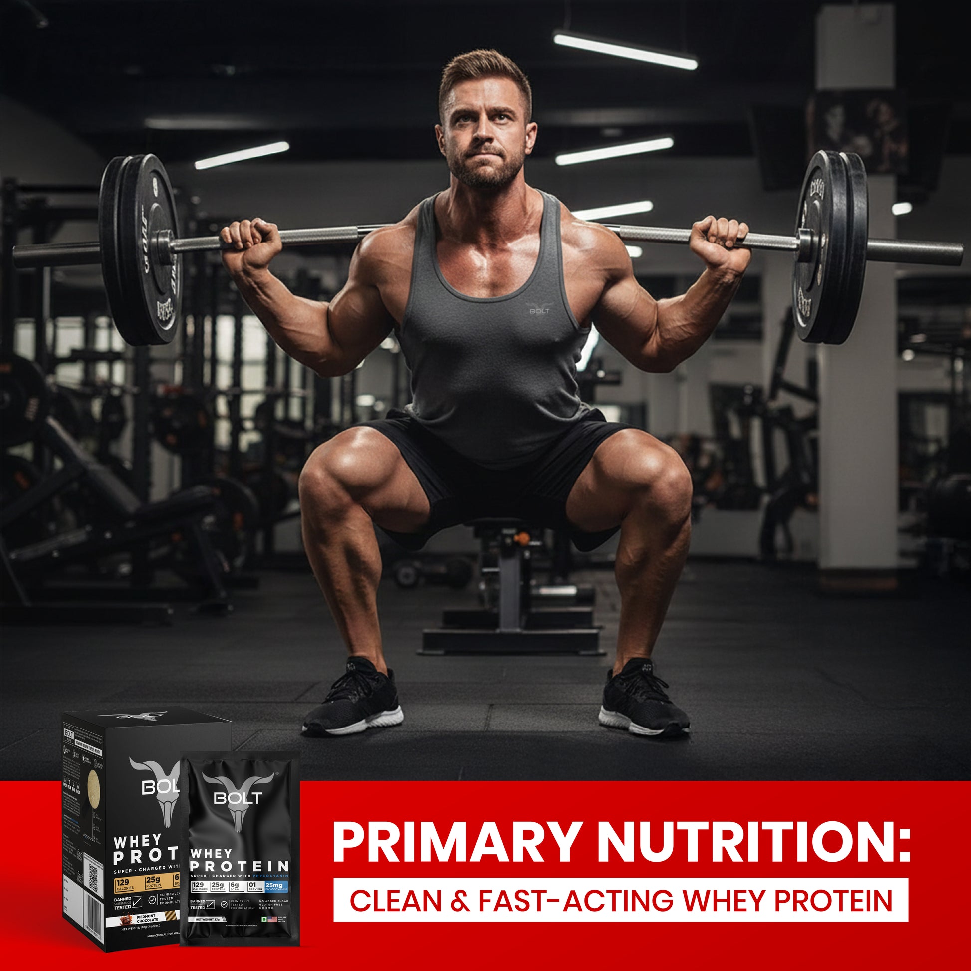 Piedmont chocolate__Man lifting weights in a gym with a protein supplement box at the bottom.