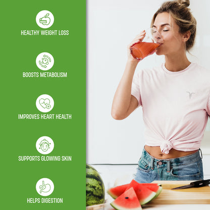 watermelon Woman drinking watermelon juice with health benefits listed on a green background