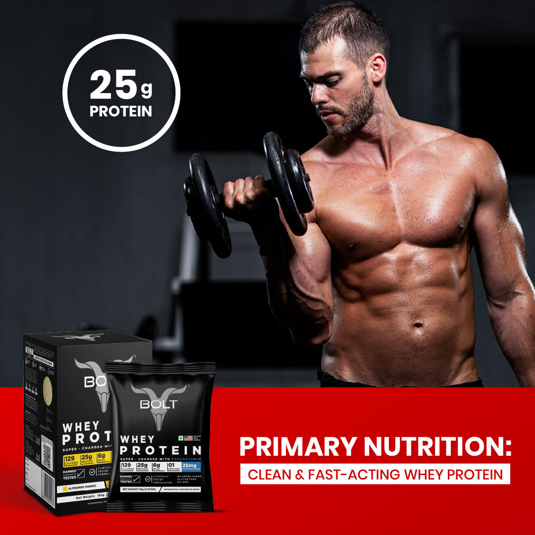 Alphonso Mango_Muscular man lifting weights in a gym with a protein supplement box displayed.