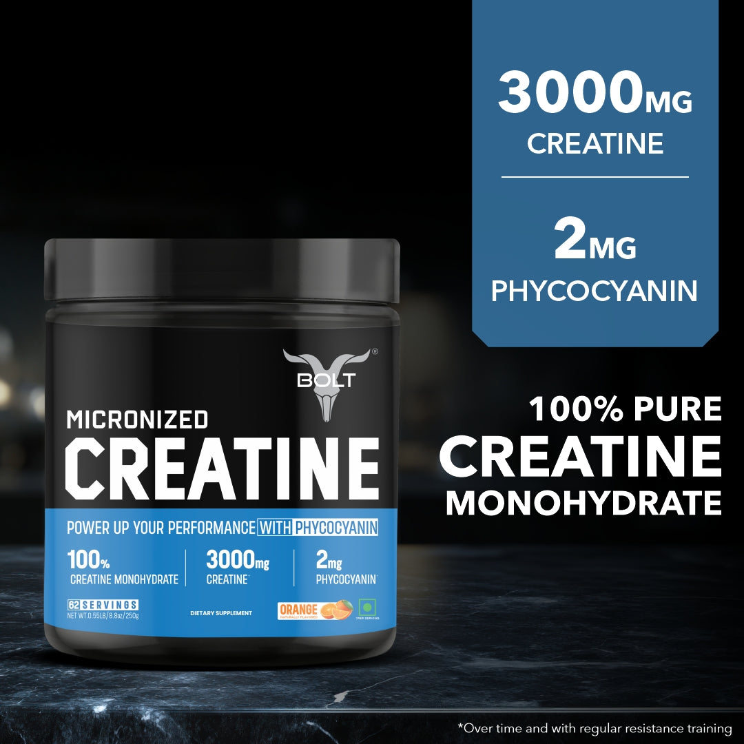  orange Bolt Micronized Creatine supplement container with product details on a dark background