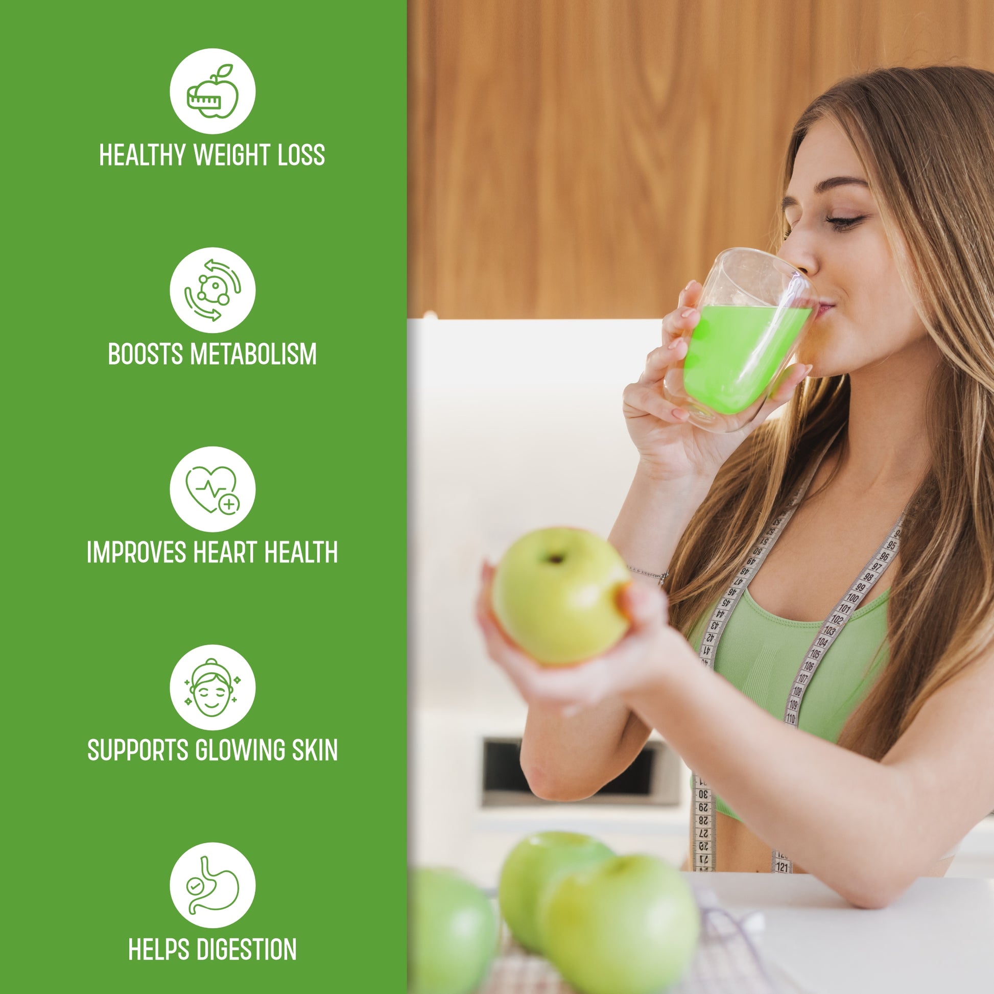 Green apple_Woman drinking green juice with health benefits listed on a green background