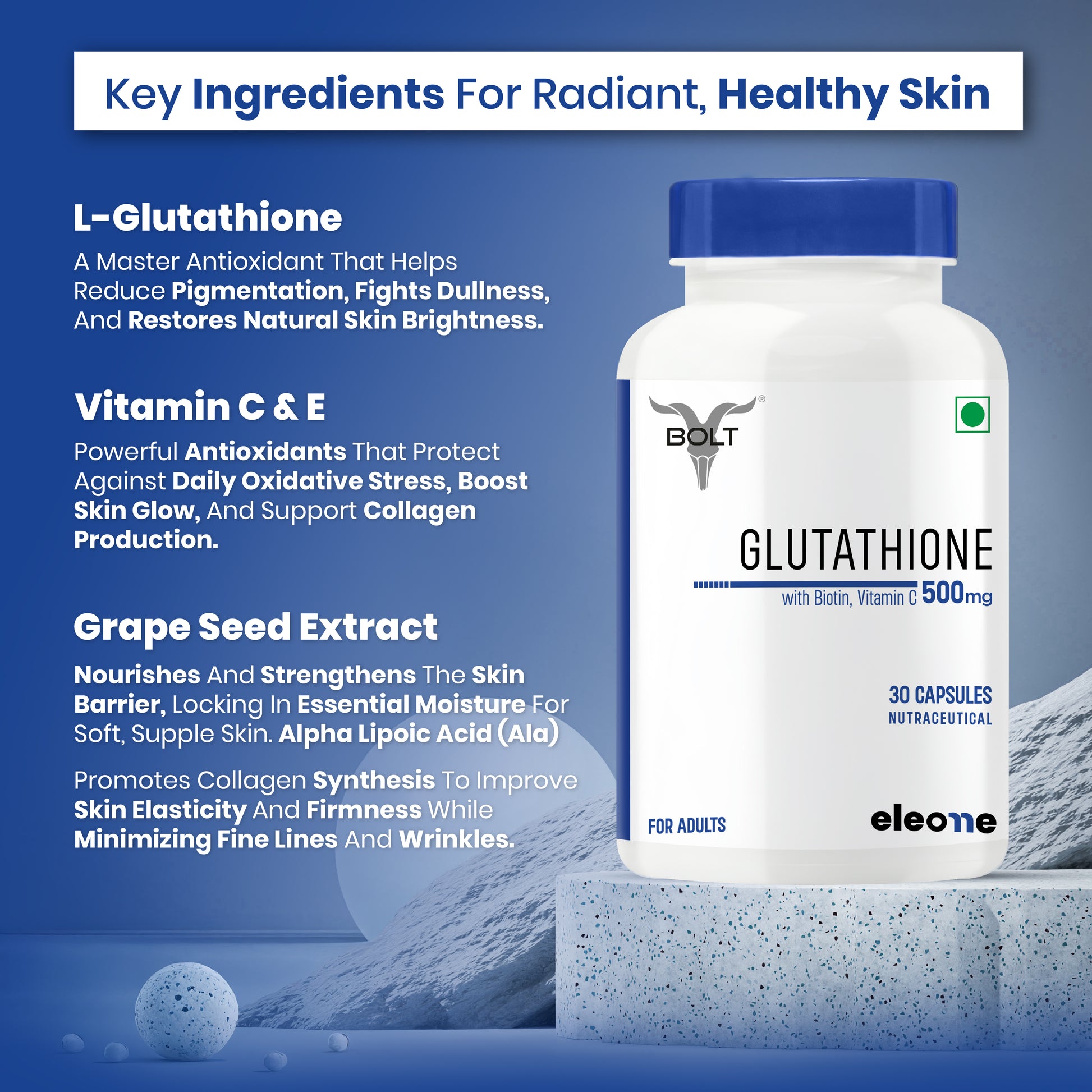 Eleone by Bolt Glutathione Capsules 500mg 30 Veg Capsules | With Vitamin C & E, Biotin Eleone by Bolt Glutathione Capsules 500mg 30 Veg Capsules | With Vitamin C & E, Biotin
