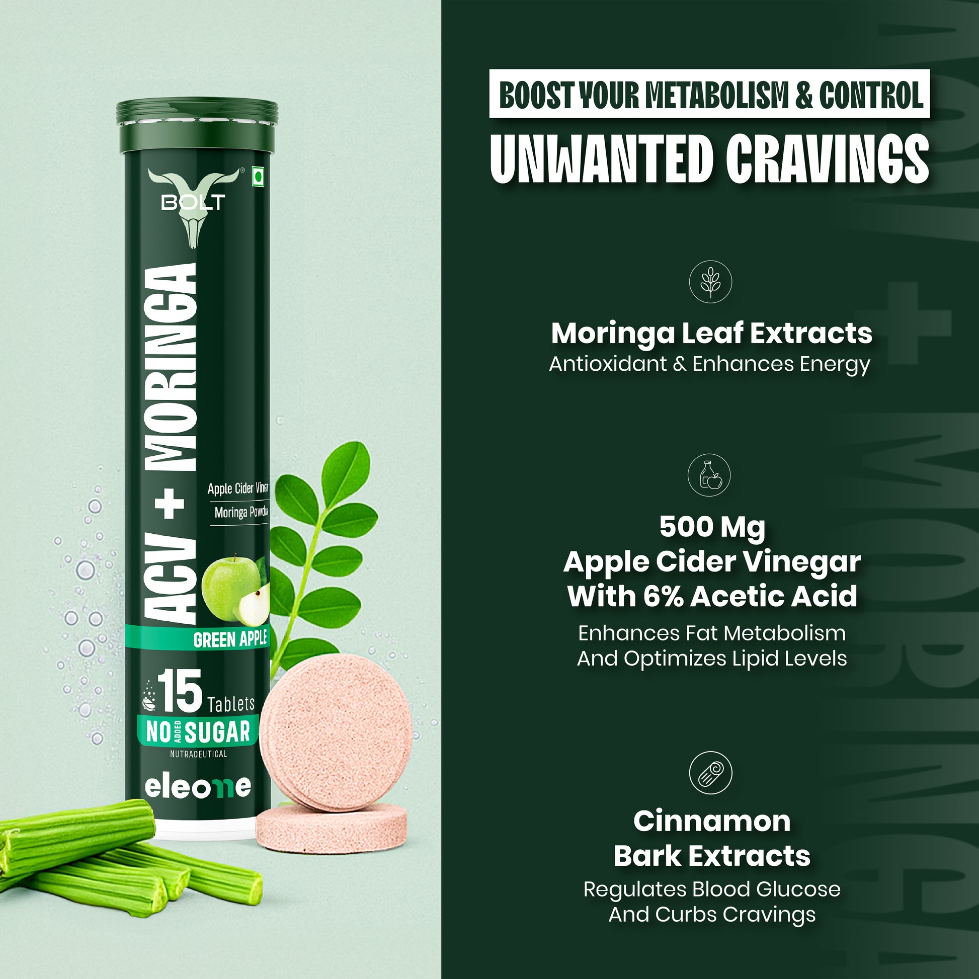 Green apple Bolt by eleone ACV + Moringa supplement  