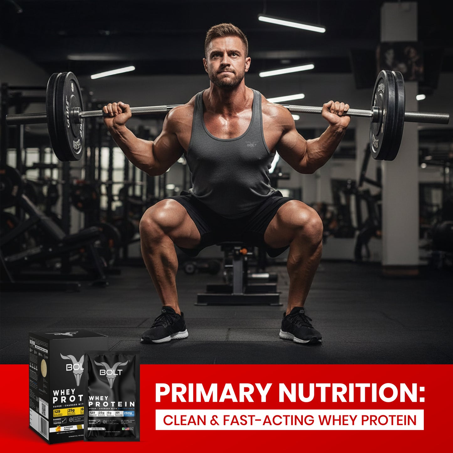 Alphonso Mango_Muscular man lifting weights in a gym with a protein supplement box displayed.