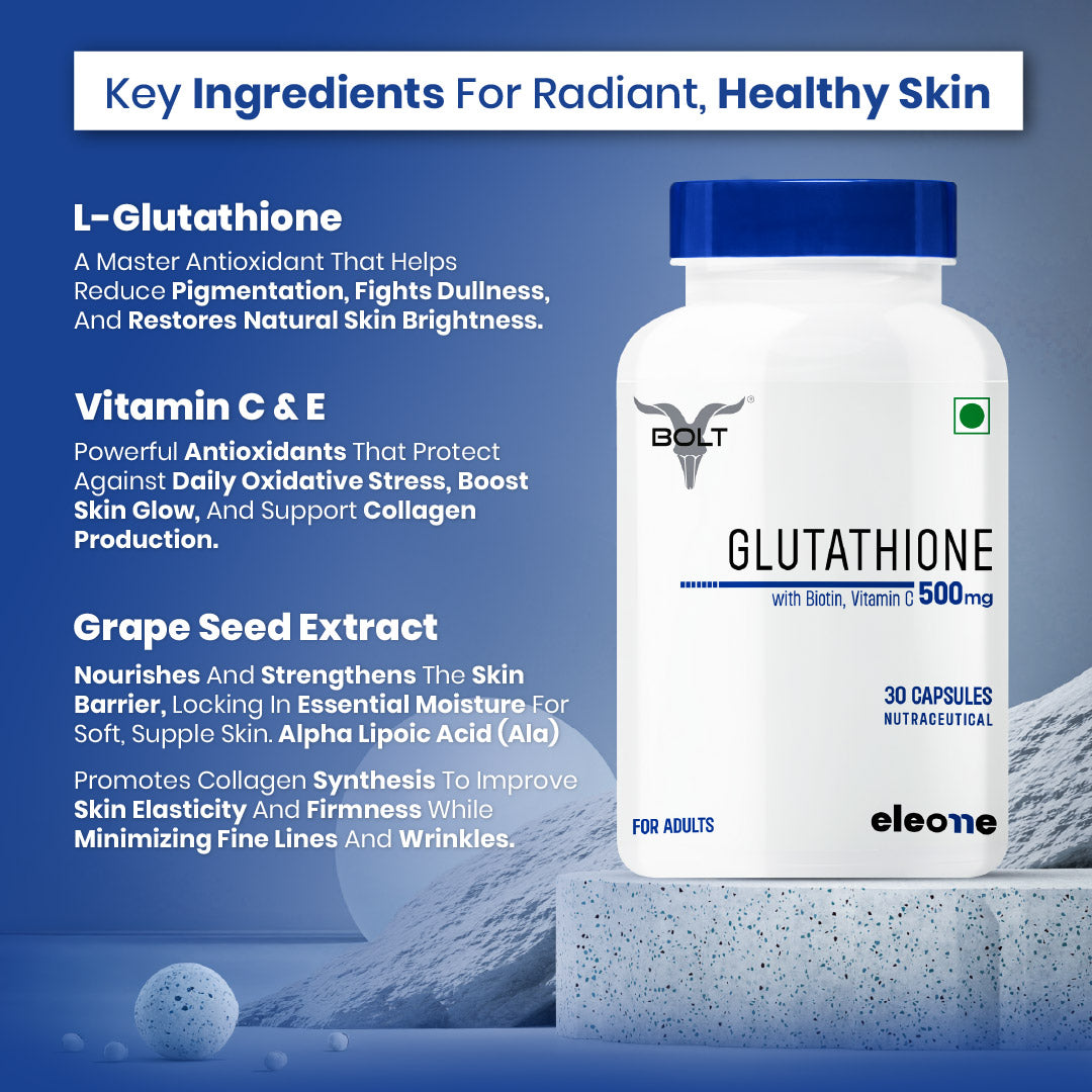 eleone by Bolt Glutathione (30 Veg Capsules) | With Vitamin C & E, Biotin | For Skin Glow and Hydration