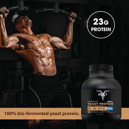 swiss chocolate_Man lifting weights with a bottle of yeast protein supplement on a black background