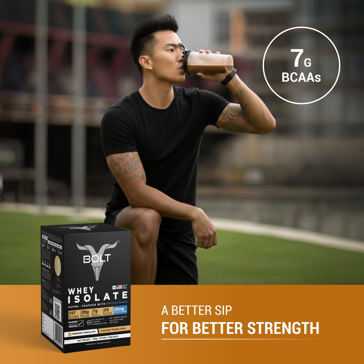 Bolt Whey Isolate Protein 5 Sachet Travel (5x33g), A better sip for better strength with Piedmont Chocolate flavour