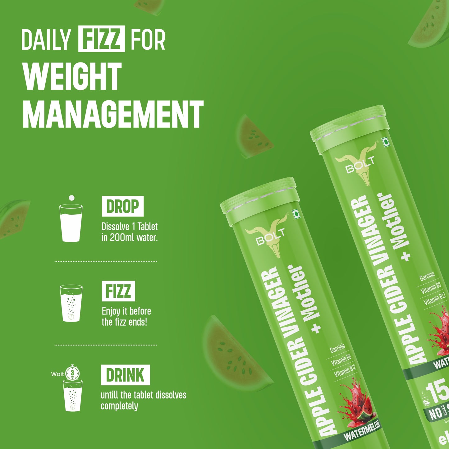 watermelon Green bottles of Apple Cider Vinegar with Mother on a green background with text about weight management.