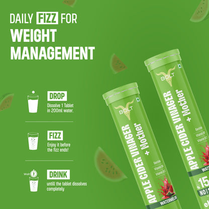 watermelon Green bottles of Apple Cider Vinegar with Mother on a green background with text about weight management.