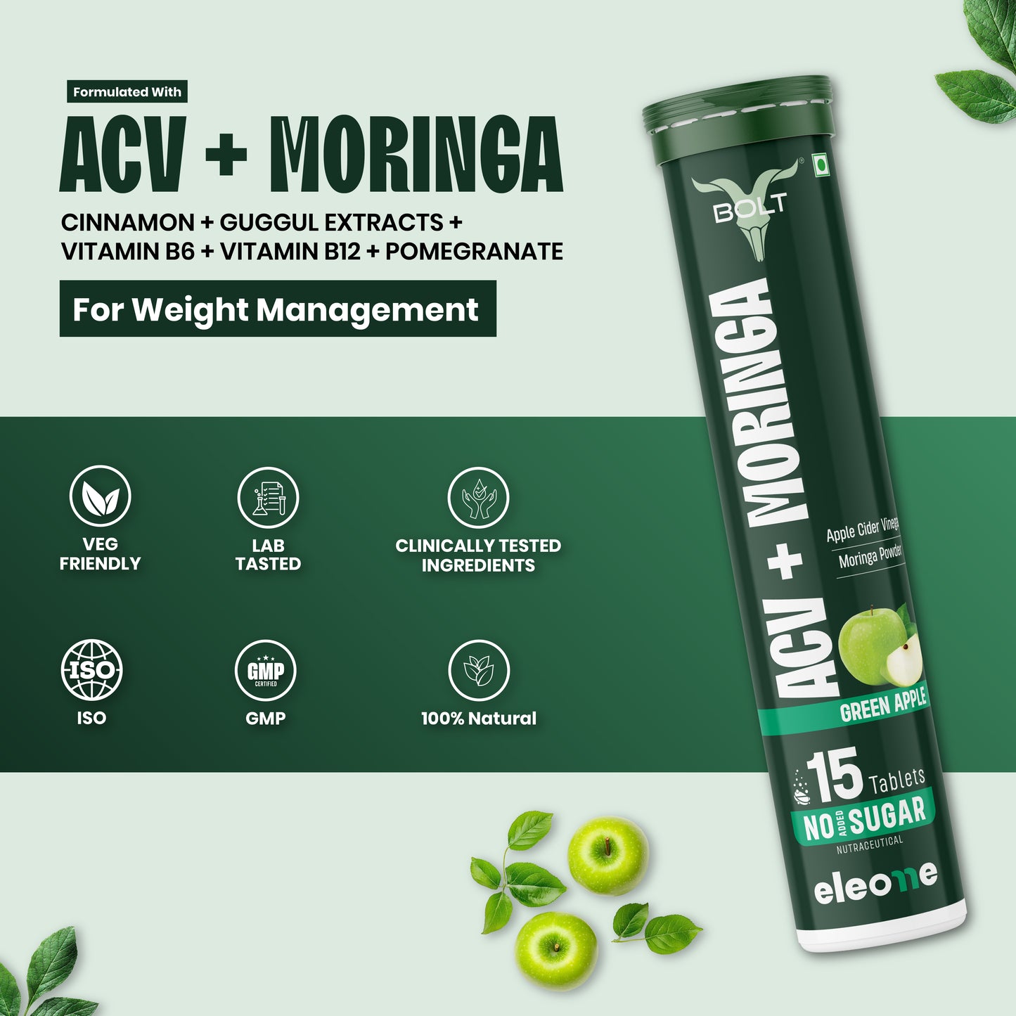 Green apple Bolt by eleone ACV + Moringa supplement 