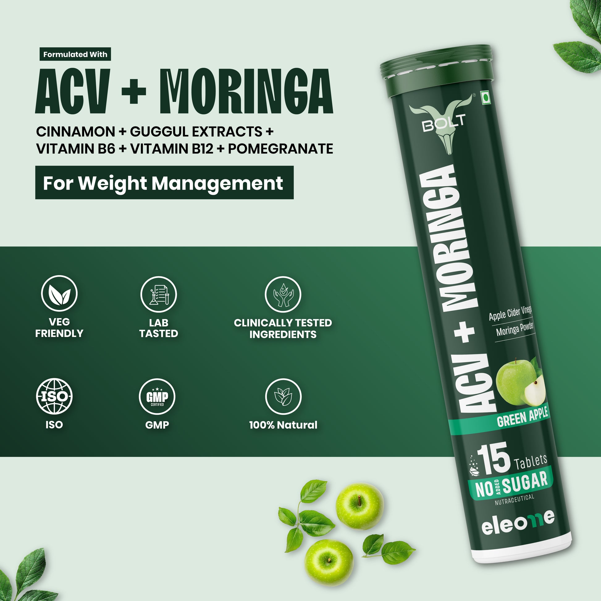 Green apple Bolt by eleone ACV + Moringa supplement 