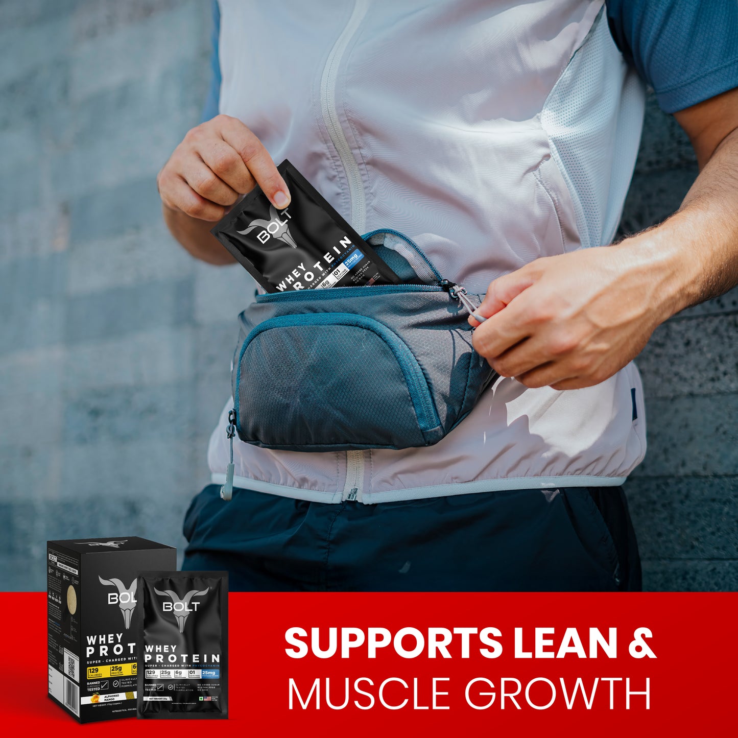 Alphonso Mango__Person opening a blue waist bag with protein packaging, with 'Supports Lean & Muscle Growth' text at the bottom.